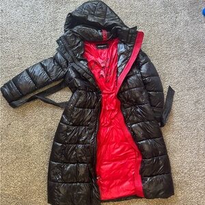 Women's Black Puffer Coat with Red Lining - Quilted Hooded Winter Parka